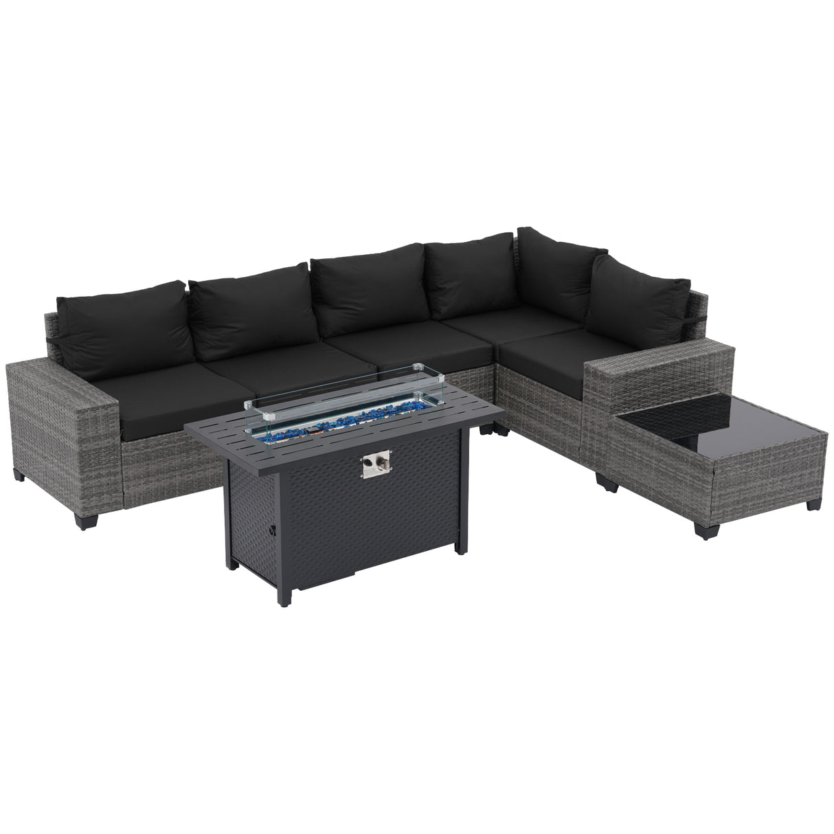 JOIVI 7 Pieces Patio Furniture Set with 45” Fire Pit Table, Wicker Outdoor Conversation Set with Cushions, Rattan Sectional Sofa and Table Set with 50,000 BTU Gas Fire Pit