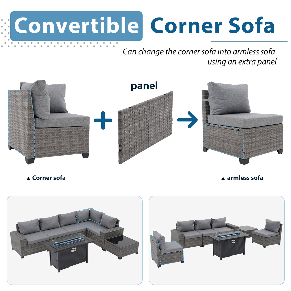 JOIVI 7 Pieces Patio Furniture Set with 45” Fire Pit Table, Wicker Outdoor Conversation Set with Cushions, Rattan Sectional Sofa and Table Set with 50,000 BTU Gas Fire Pit