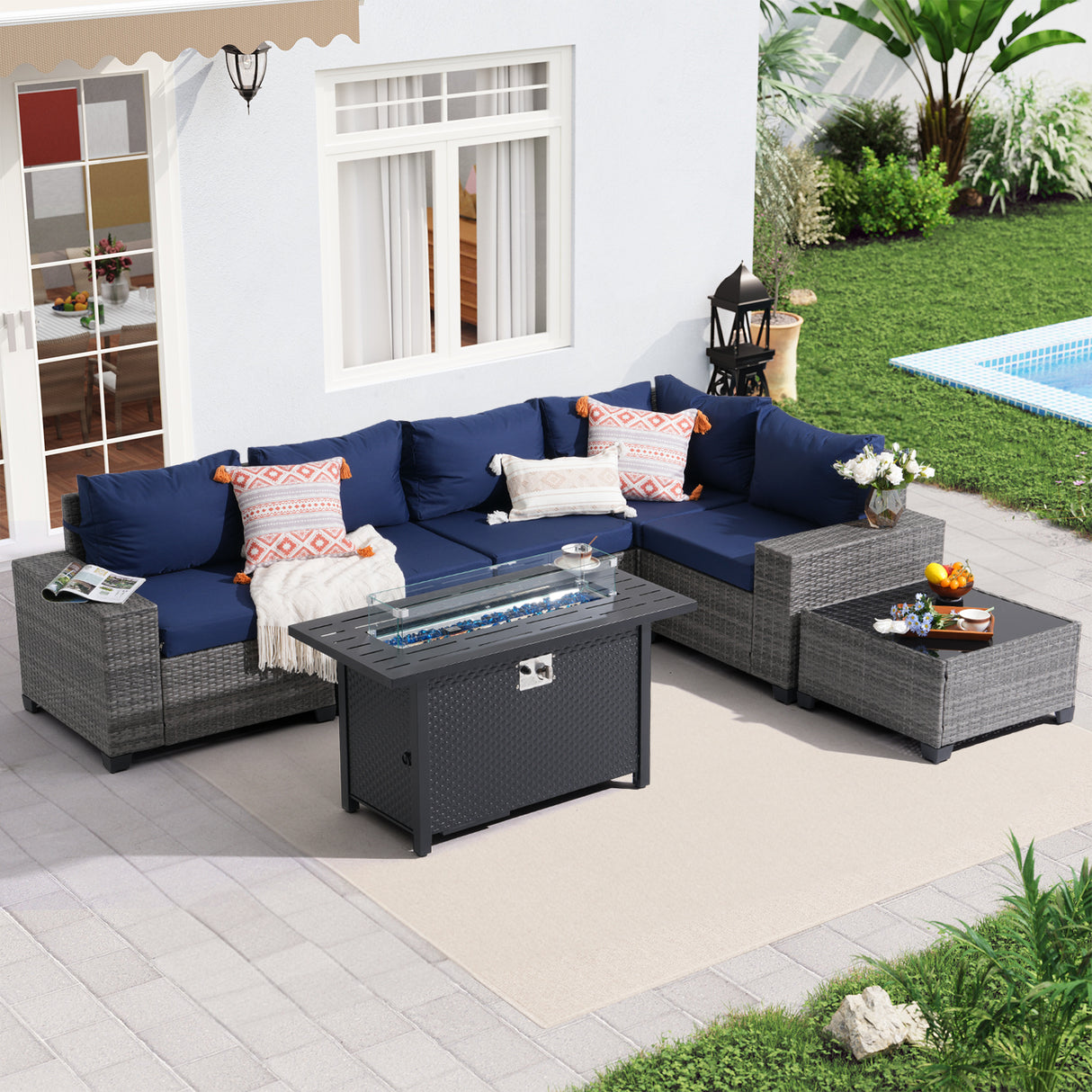 JOIVI 7 Pieces Patio Furniture Set with 45” Fire Pit Table, Wicker Outdoor Conversation Set with Cushions, Rattan Sectional Sofa and Table Set with 50,000 BTU Gas Fire Pit