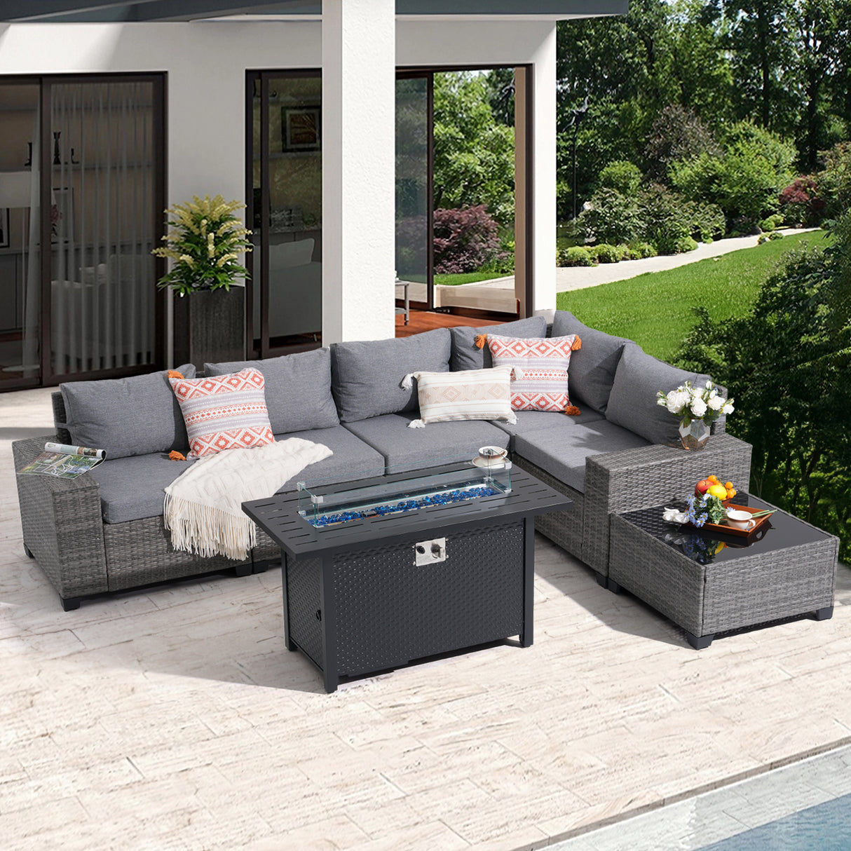 JOIVI 7 Pieces Patio Furniture Set with 45” Fire Pit Table, Wicker Outdoor Conversation Set with Cushions, Rattan Sectional Sofa and Table Set with 50,000 BTU Gas Fire Pit