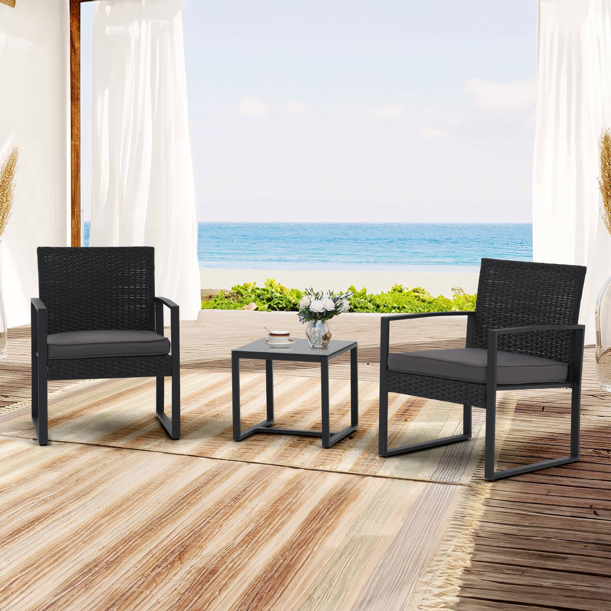 JOIVI 3 Pieces Wicker Patio Bistro Set, Outdoor Rattan Furniture Conversation Set with Tempered Glass Top Table