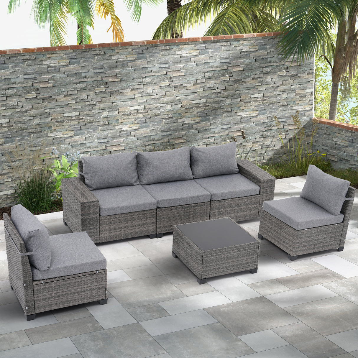JOIVI 6 Pieces Patio Furniture Conversation Set, Wicker Outdoor Sectional Sofa Set with Coffee Table and Cushions