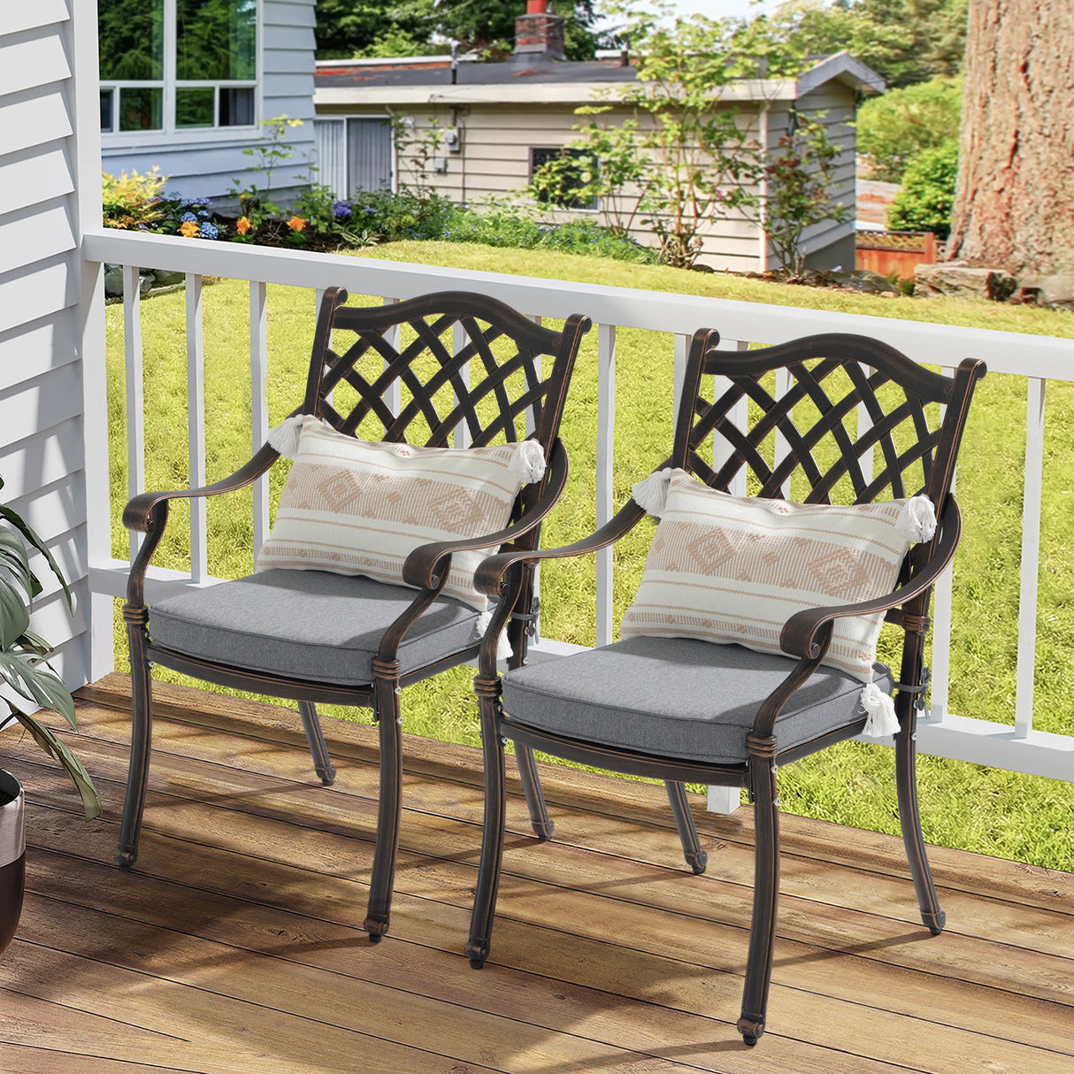 JOIVI 2 Pieces Patio Cast Aluminum Dining Chairs, Outdoor Bistro Chairs Set with Seat Cushions and Armrest for Outside Lawn, Garden, Backyard, Indoor