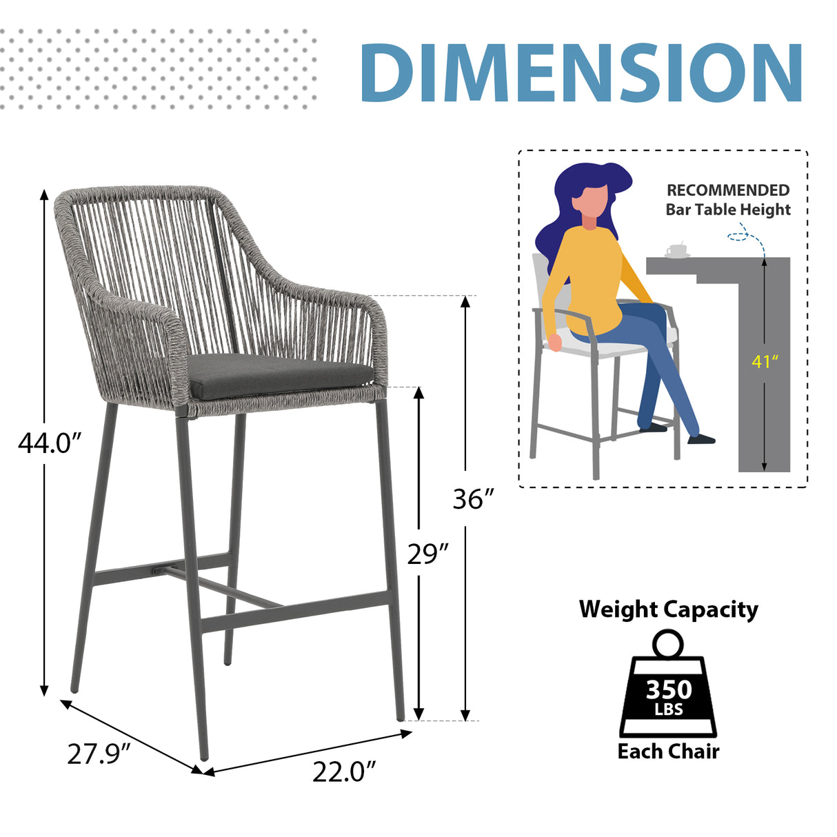 JOIVI Outdoor Wicker Bar Stools, 2 Piece Patio Bar Height Chairs with Cushions