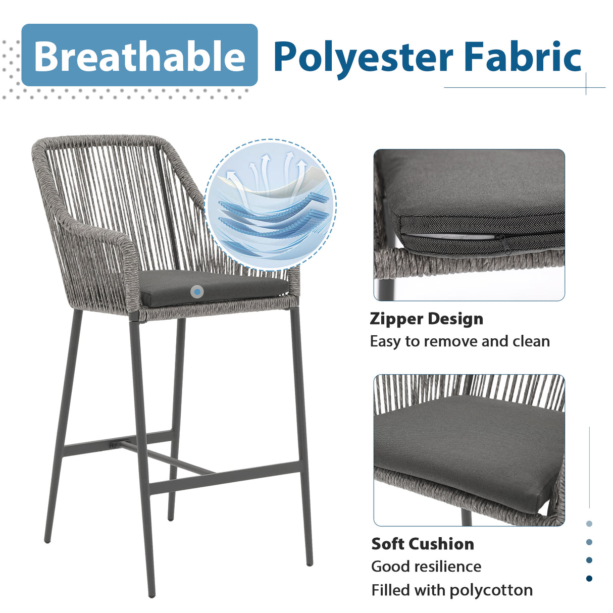 JOIVI Outdoor Wicker Bar Stools, 2 Piece Patio Bar Height Chairs with Cushions