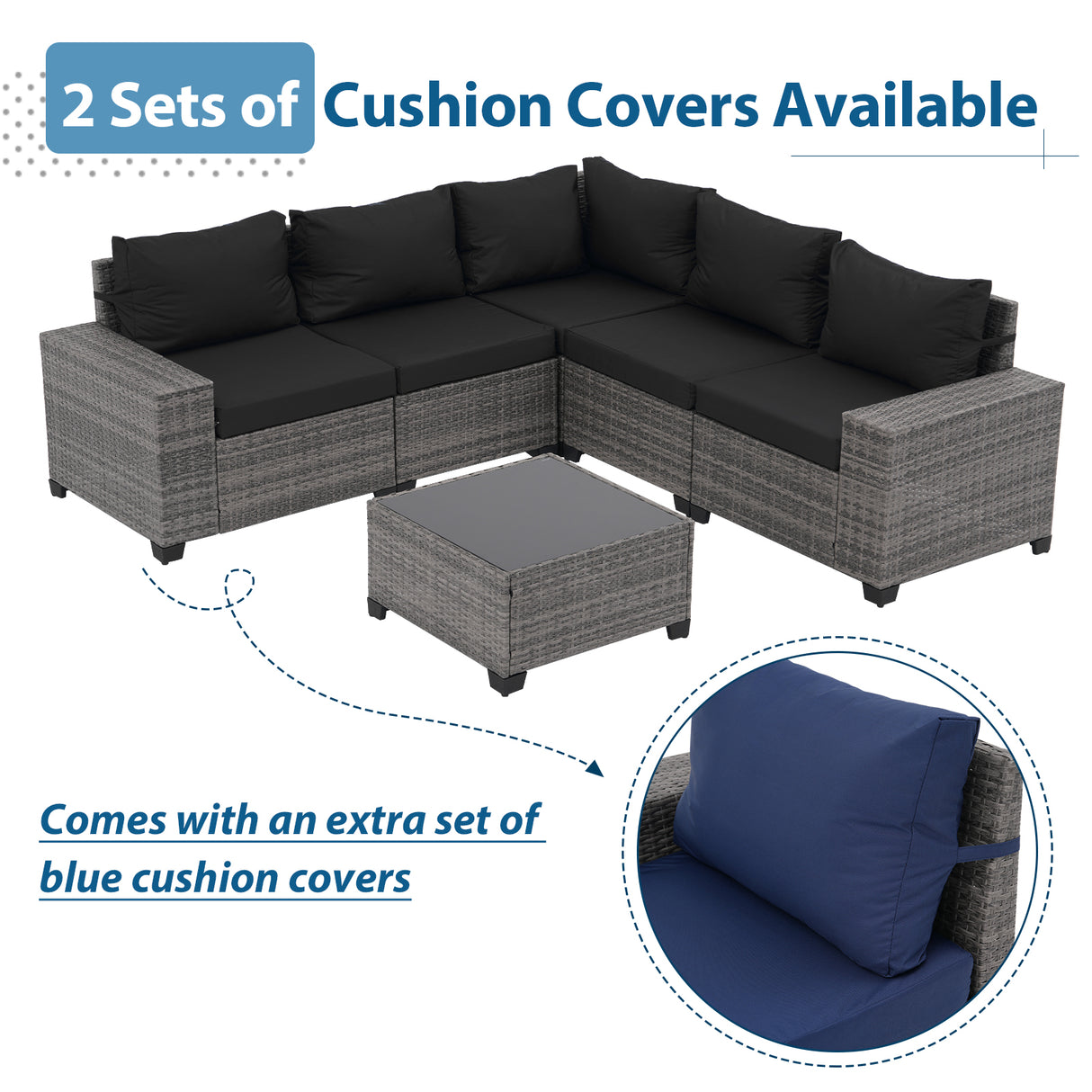 JOIVI 6-Piece Patio Furniture Set, Rattan Outdoor Conversation Set with Coffee Table, Wicker Sectional Sofa Set with Wide Armrest