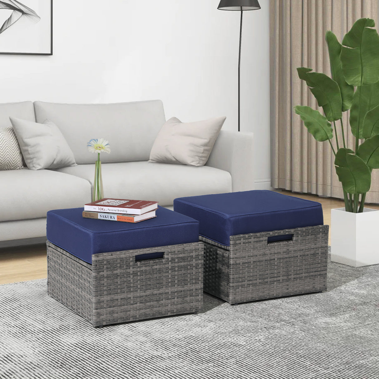 JOIVI 2 Pieces Outdoor Patio Ottoman with Thick Cushions