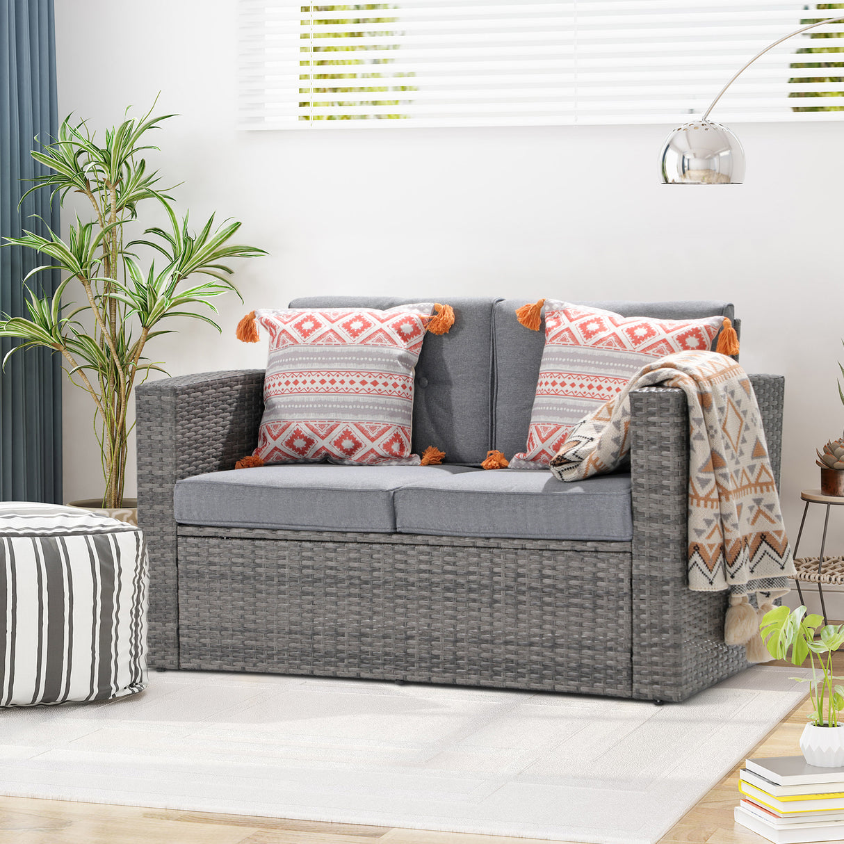 JOIVI Patio Outdoor Wicker Loveseat Sofa, Patio Furniture Rattan 2-seat Couch with Cushions