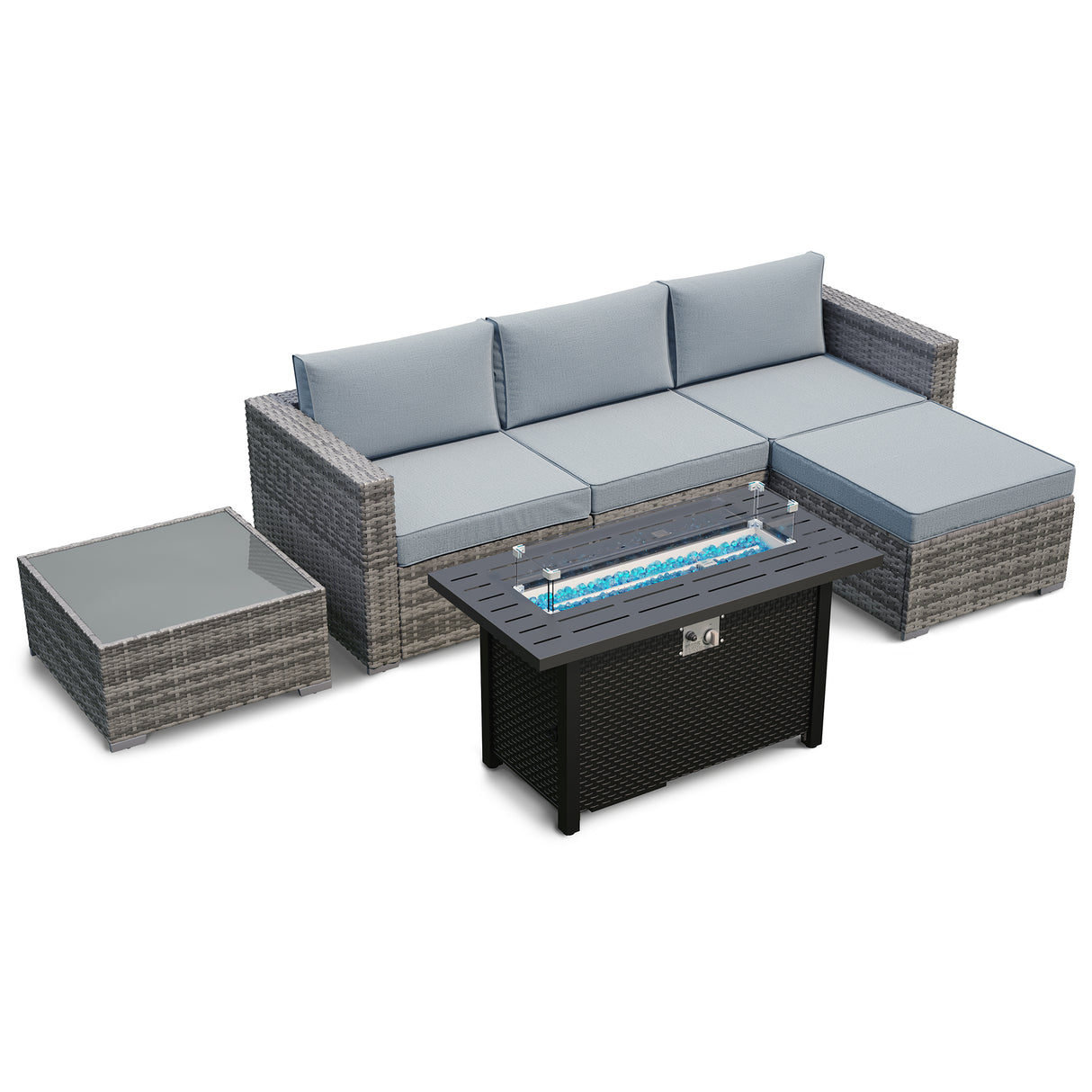 JOIVI 6 Pieces Patio Furniture with Fire Pit Table, PE Wicker Rattan Outdoor Sectional with Propane Fire Pit Table, Patio Conversation Set with ETL Certified Gas Fire Pit Table