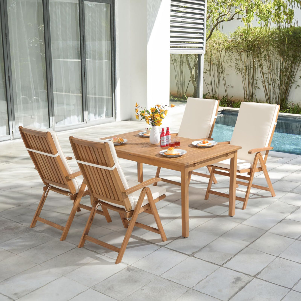 Folding Patio Dining Chair Set of 4, Outdoor Acacia Wooden Reclining Chair w/Armrest & Removeable Cushion, FSC Certified Wood No Assembly