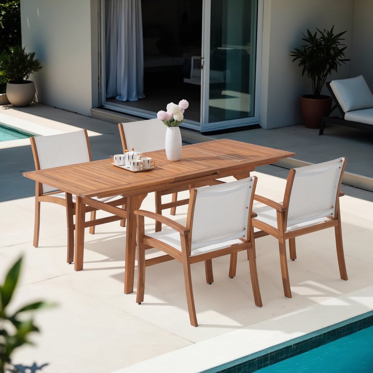 Expandable Wooden Outdoor Dining Set of 5, with Textilene Fabric Chairs, 4-8 Seater Patio Furniture, Adjustable Feet, Wood Table with Umbrella Hole