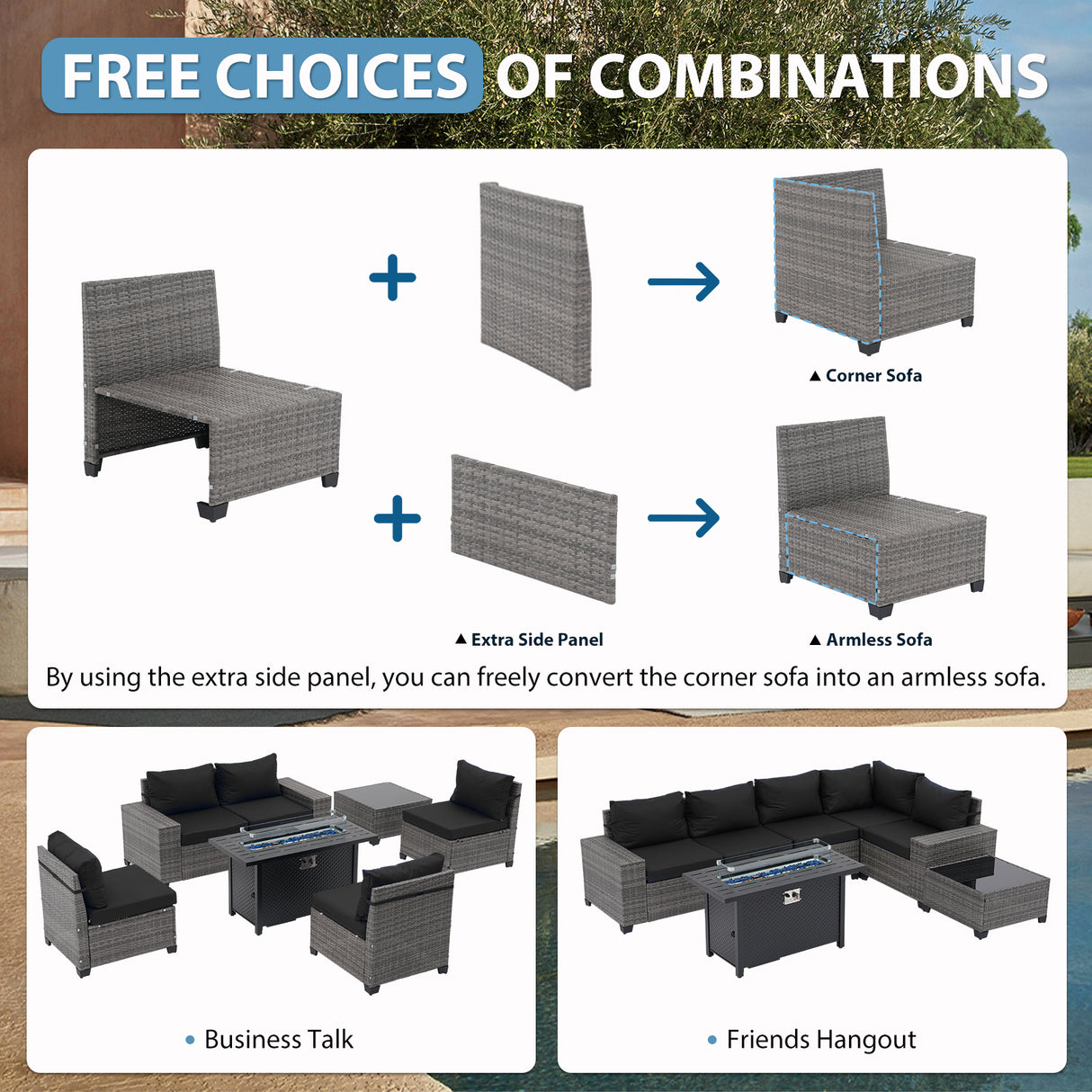 JOIVI 7 Pieces Patio Furniture Set with 45” Fire Pit Table, Wicker Outdoor Conversation Set with Cushions, Rattan Sectional Sofa and Table Set with 50,000 BTU Gas Fire Pit