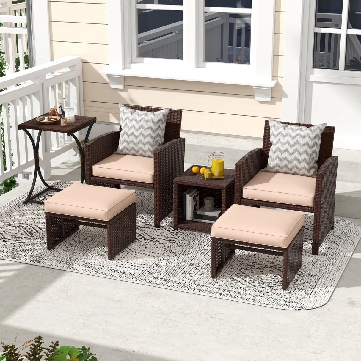 6 Piece Patio Wicker Furniture Set, Rattan Outdoor Chairs, with Cushioned Ottoman, Resin Nesting Table, Modern Design