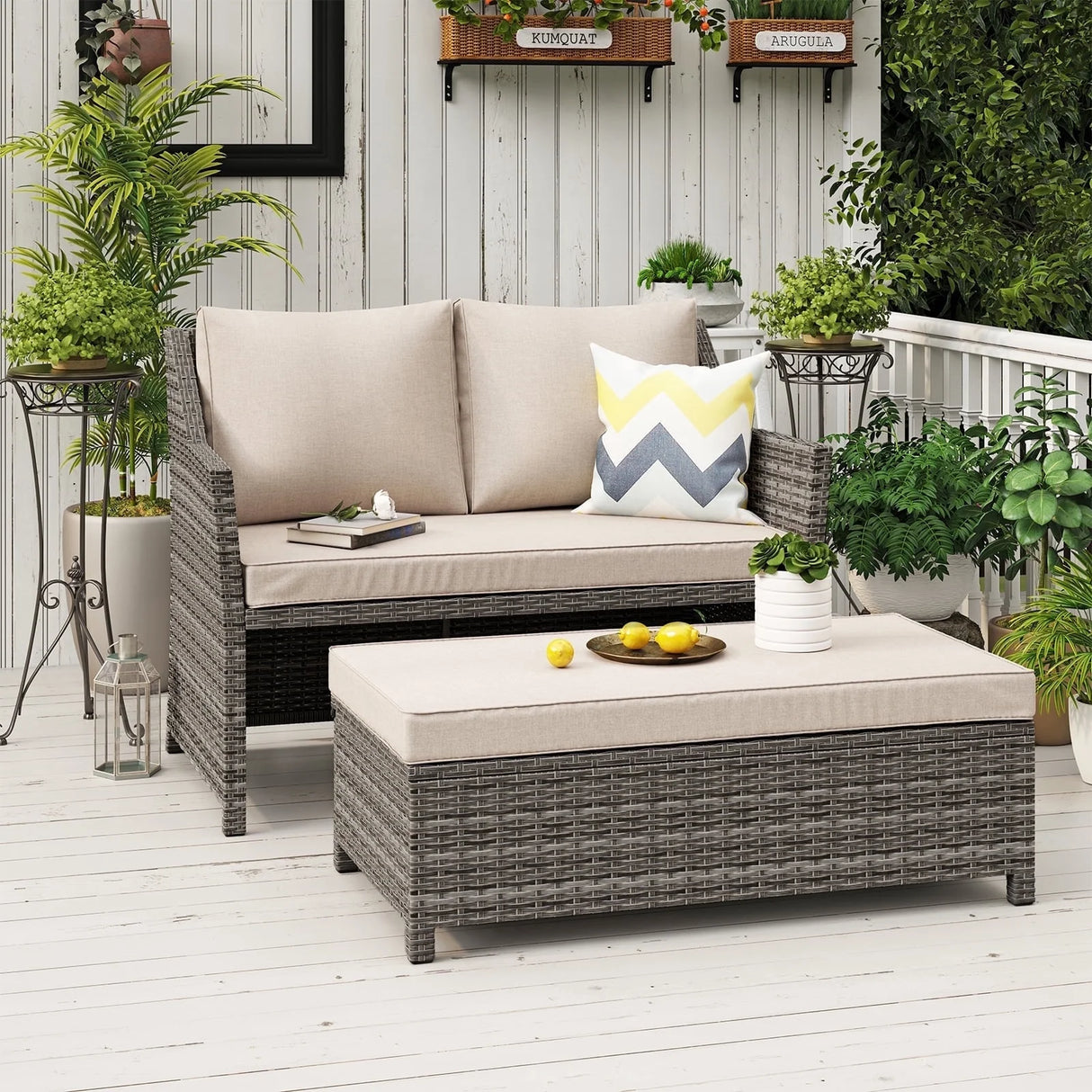 Outdoor Wicker Love Seat and Coffee Table Set, Weather Resistant Rattan, Patio Furniture with Cushions & Storage Bin