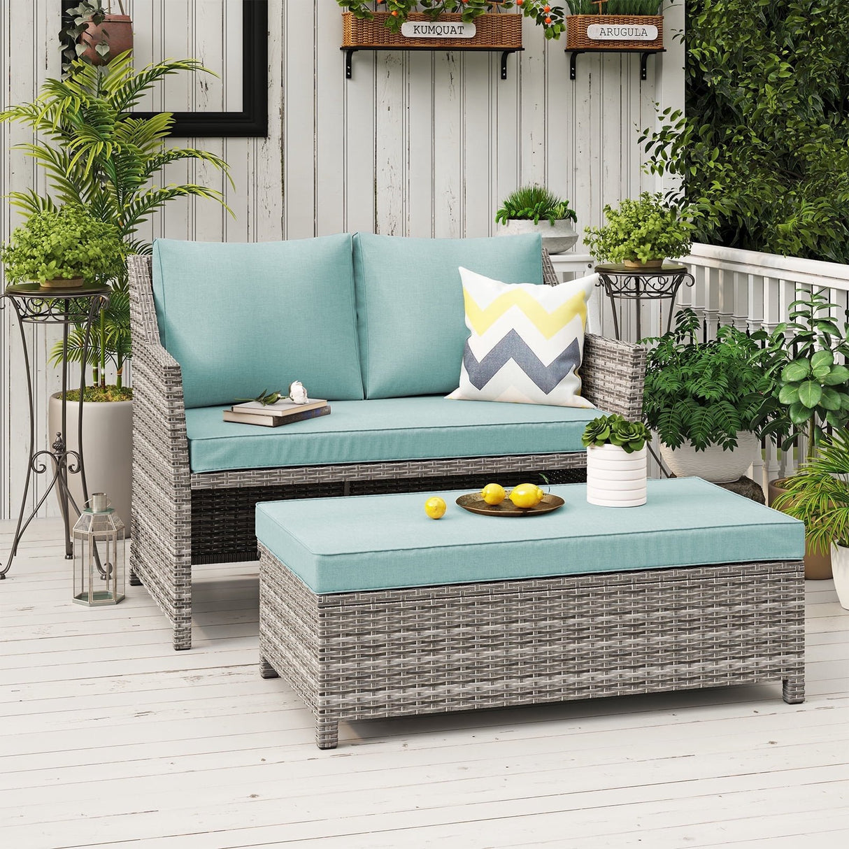 Outdoor Wicker Love Seat and Coffee Table Set, Weather Resistant Rattan, Patio Furniture with Cushions & Storage Bin