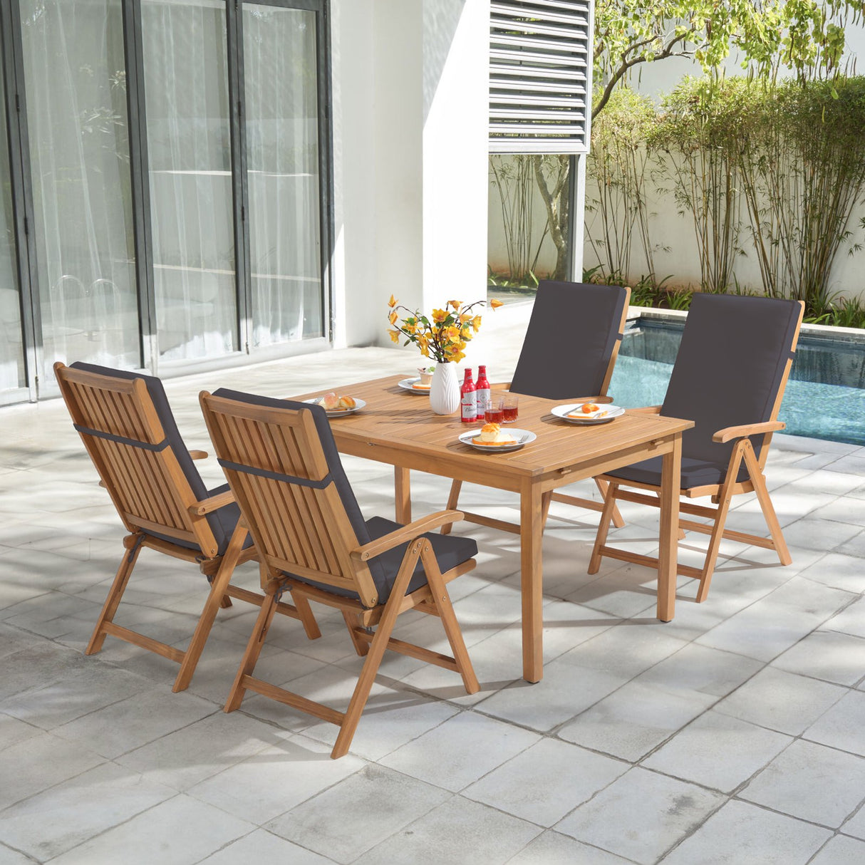 Folding Patio Dining Chair Set of 4, Outdoor Acacia Wooden Reclining Chair w/Armrest & Removeable Cushion, FSC Certified Wood No Assembly