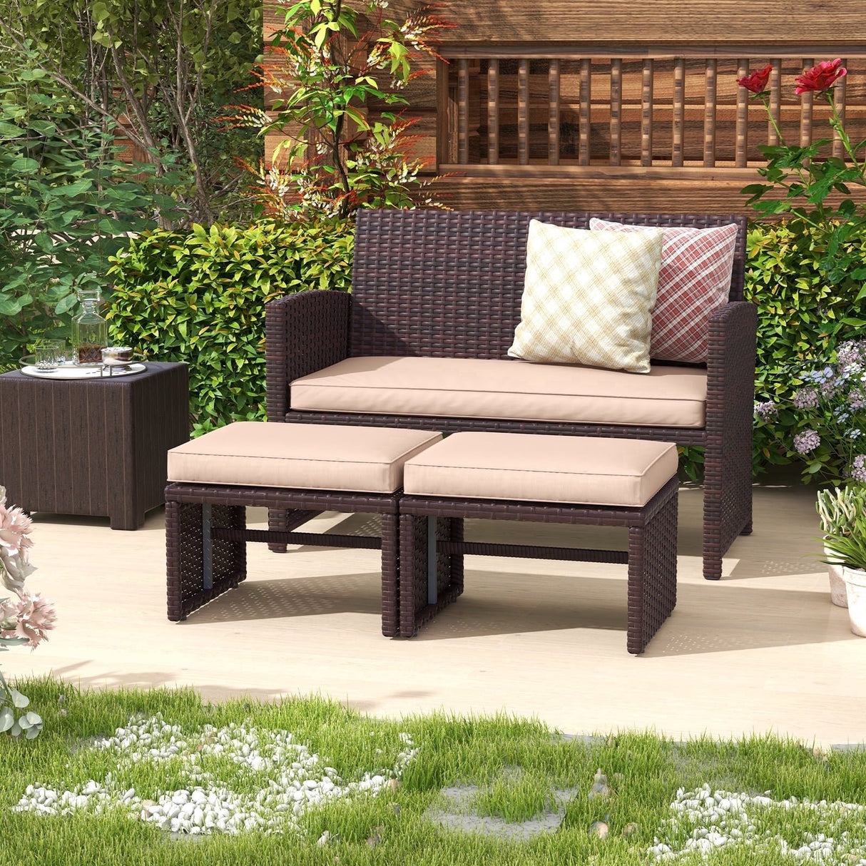3 Piece Patio Furniture Set, Outdoor Loveseat Patio Furniture Rattan Set with Ottoman, Brown Rattan and Cushion