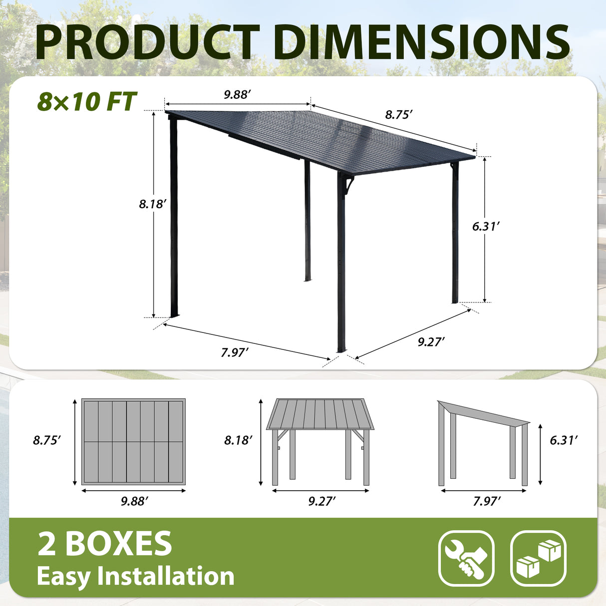 JOIVI 8' x 10' Outdoor Lean to Gazebo, Hardtop Wall Mounted Gazebo with Sloping Roof, Awnings for Patio with All-Iron Frame, Pergolas for Patio, Backyard, Deck