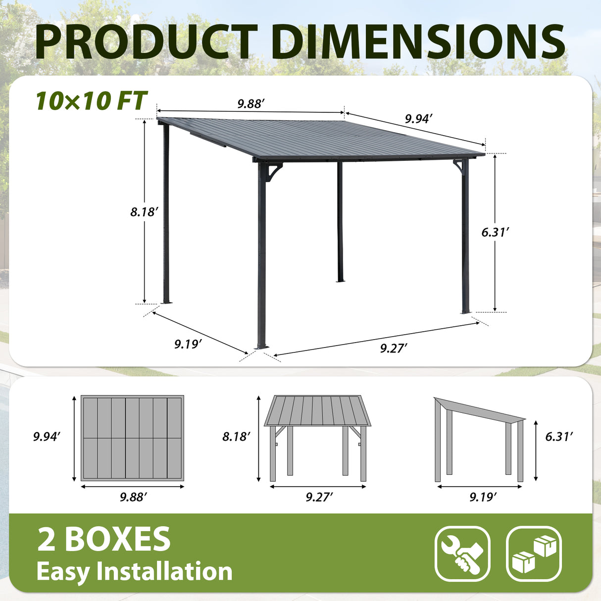 JOIVI 8' x 10' Outdoor Lean to Gazebo, Hardtop Wall Mounted Gazebo with Sloping Roof, Awnings for Patio with All-Iron Frame, Pergolas for Patio, Backyard, Deck