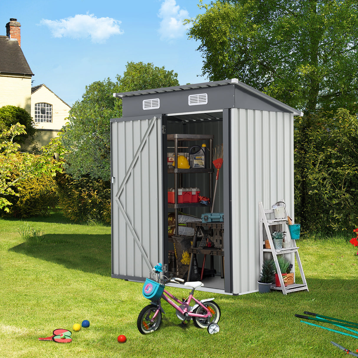 JOIVI 3' x 5' Outdoor Storage Shed, Galvanized Steel Metal Garden Shed with Lockable Door for Bike, Garbage Can, Patio Storage House for Backyard, Patio Lawn, White