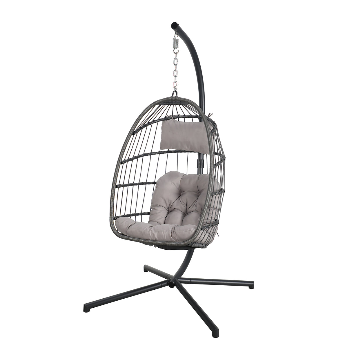 Indoor Outdoor Egg Swing Chair with Stand, Patio Wicker Rattan Hanging Chair with Rope Back, Cushion,Cover,All Weather Foldable Hammock Chair for Bedroom, Garden