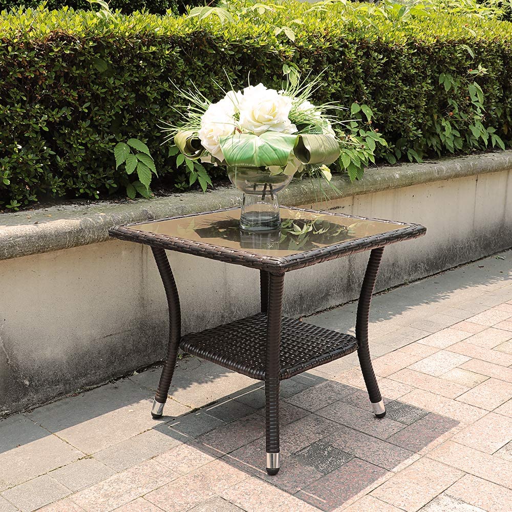 Square Wicker End Table with Aluminum Frame BROWN