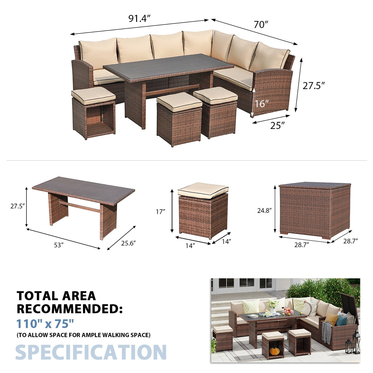 JOIVI 2 PCS Outdoor Patio Ottoman with Thick Cushions,Brown - JOIVI