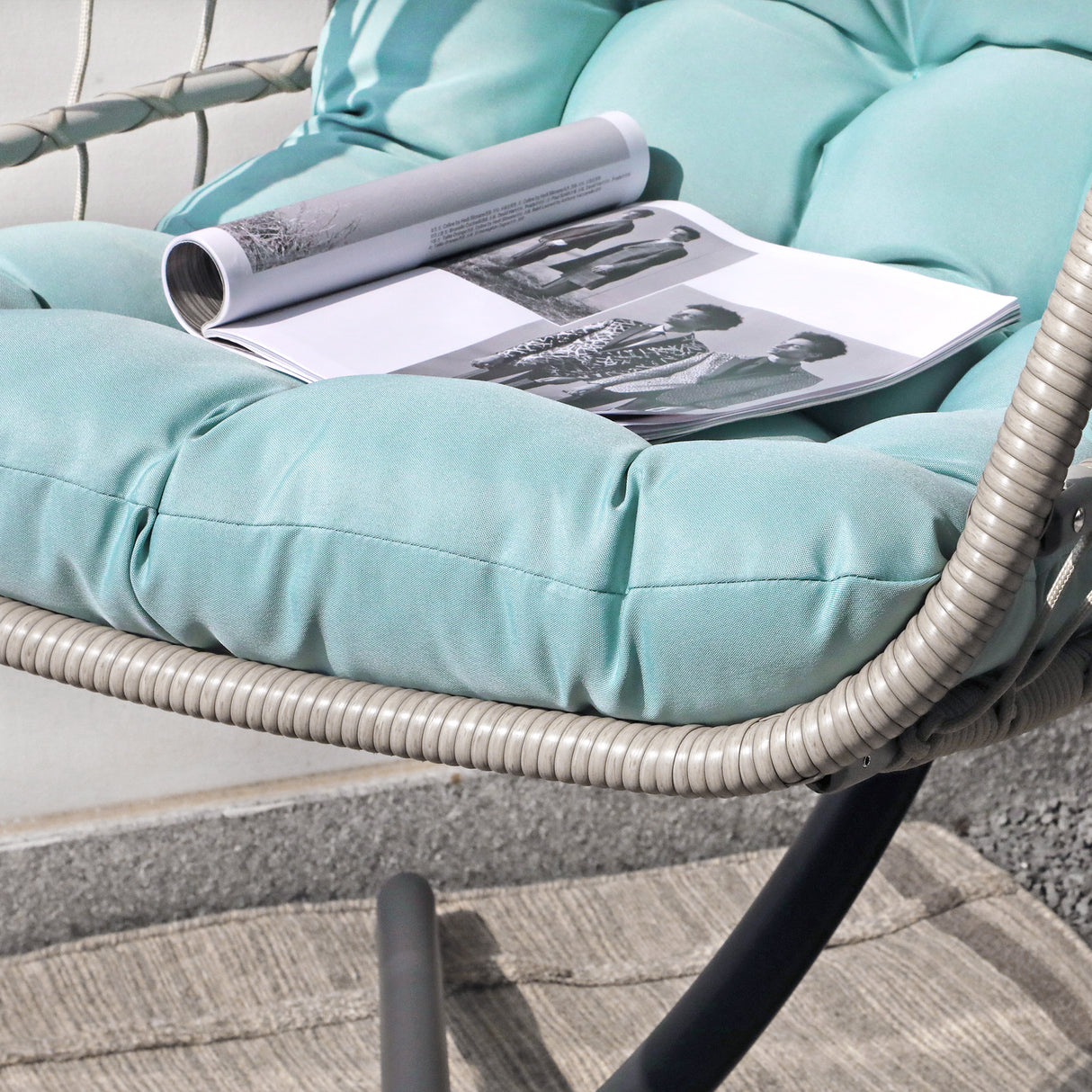 Indoor Outdoor Egg Swing Chair with Stand, Patio Wicker Rattan Hanging Chair with Rope Back, Cushion,Cover,All Weather Foldable Hammock Chair for Bedroom, Garden