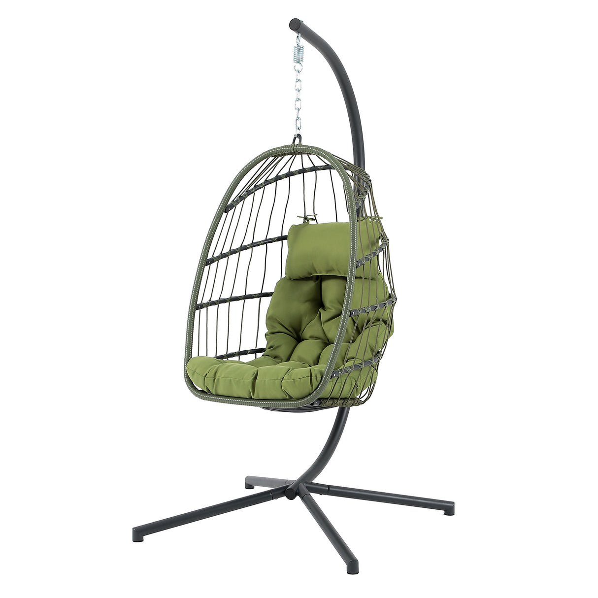 Indoor Outdoor Egg Swing Chair with Stand, Patio Wicker Rattan Hanging Chair with Rope Back, Cushion,Cover,All Weather Foldable Hammock Chair for Bedroom, Garden