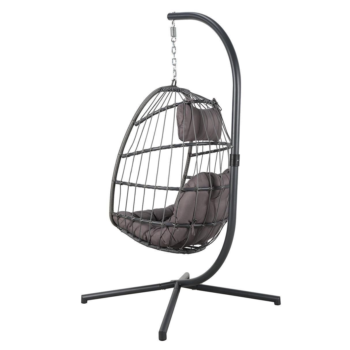 Indoor Outdoor Egg Swing Chair with Stand, Patio Wicker Rattan Hanging Chair with Rope Back, Cushion,Cover,All Weather Foldable Hammock Chair for Bedroom, Garden