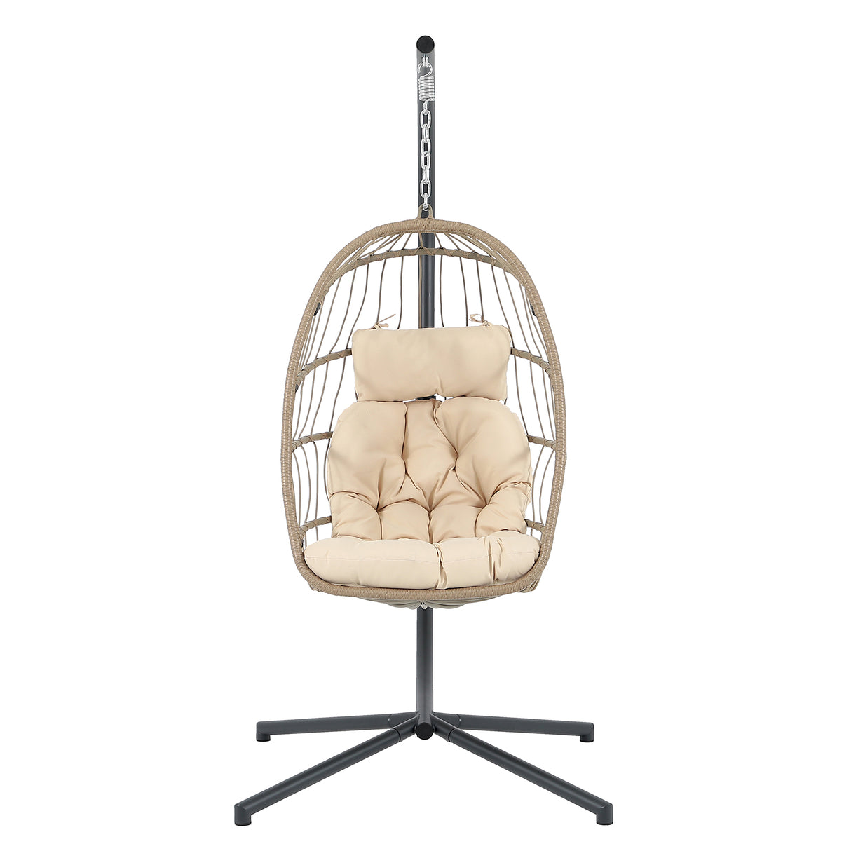 Indoor Outdoor Egg Swing Chair with Stand, Patio Wicker Rattan Hanging Chair with Rope Back, Cushion,Cover,All Weather Foldable Hammock Chair for Bedroom, Garden