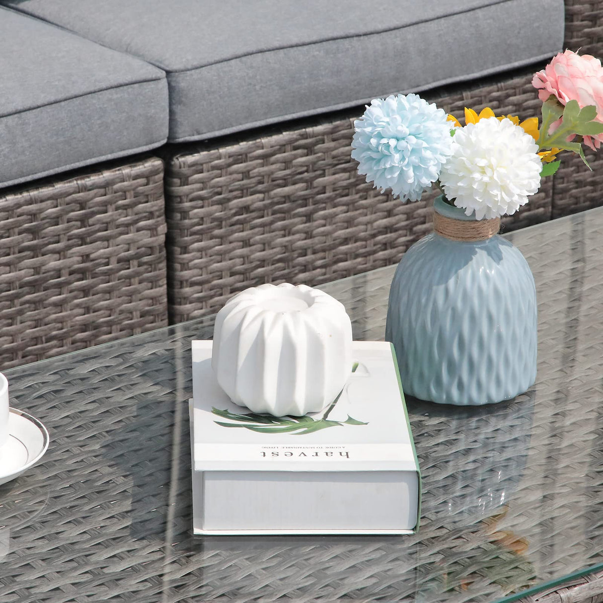 JOIVI Outdoor Furniture Set, 8 Piece Patio Wicker Sectional Patio Furniture with Storage Box, Gray