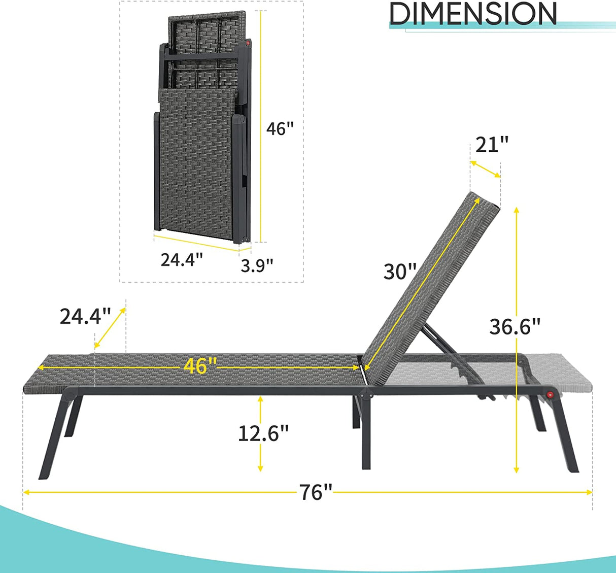 Patio Lounge Chair, Adjustable 5-Position Folding Pool Chaise Lounge Chair for Garden Patio Lawn Beach Deck W/Aluminum Frame, 300lbs Weight Capacity,Fully Assembled