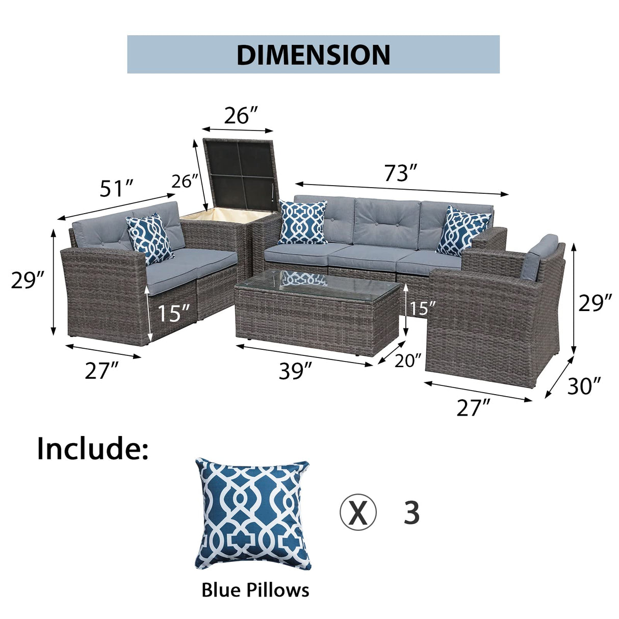 JOIVI Outdoor Furniture Set, 8 Piece Patio Wicker Sectional Patio Furniture with Storage Box, Gray