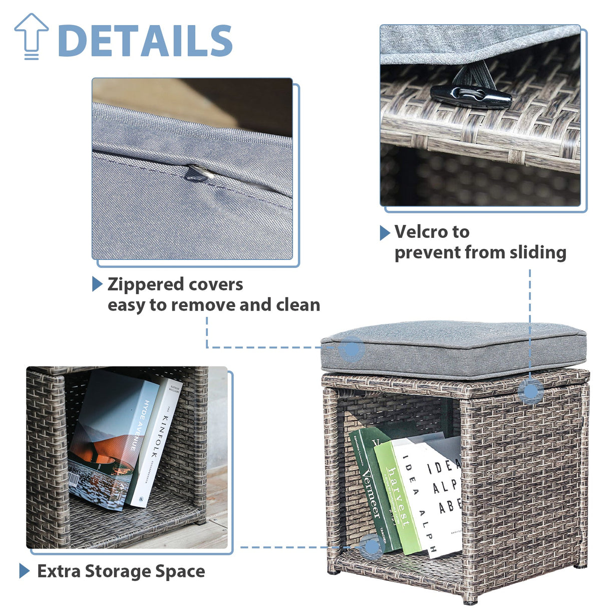 JOIVI 2 PCS Outdoor Patio Ottoman with Thick Cushions,Brown - JOIVI