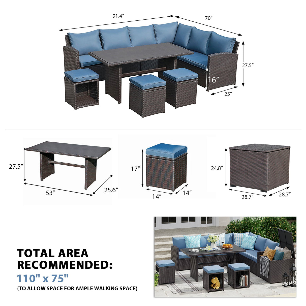 JOIVI 2 PCS Outdoor Patio Ottoman with Thick Cushions,Brown - JOIVI