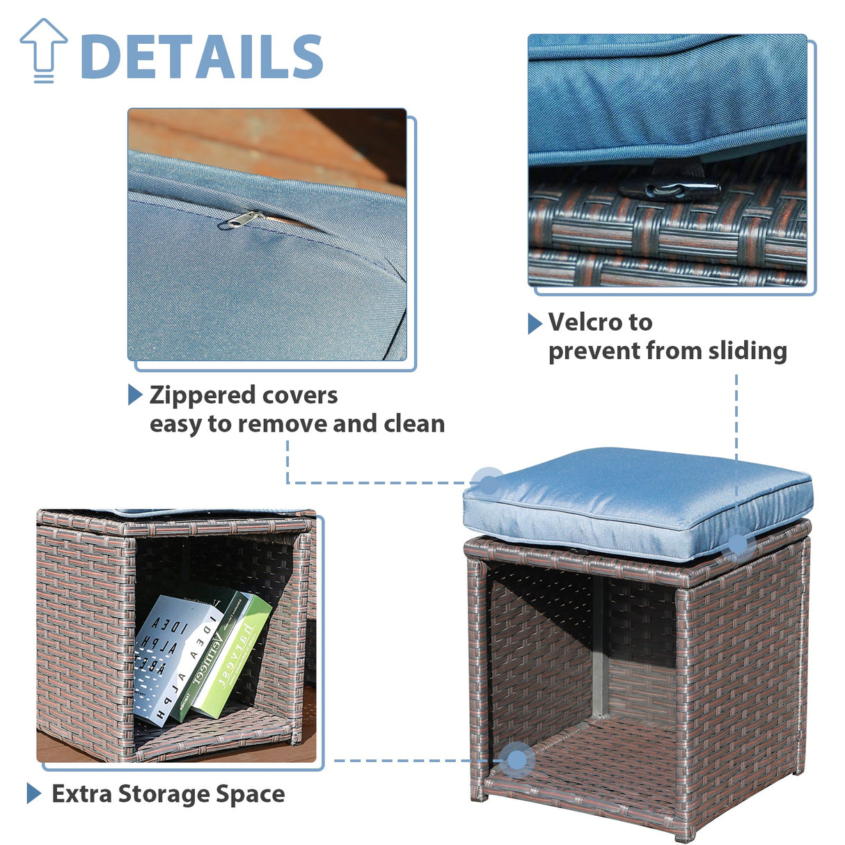 JOIVI 2 PCS Outdoor Patio Ottoman with Thick Cushions,Brown - JOIVI