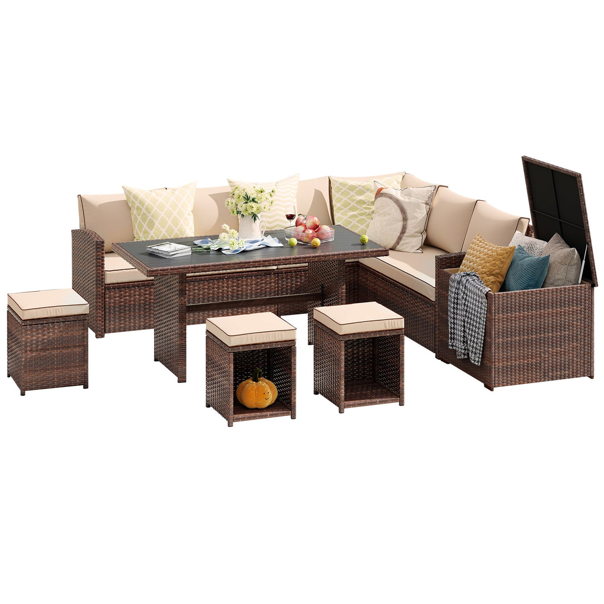 JOIVI 2 PCS Outdoor Patio Ottoman with Thick Cushions,Brown - JOIVI