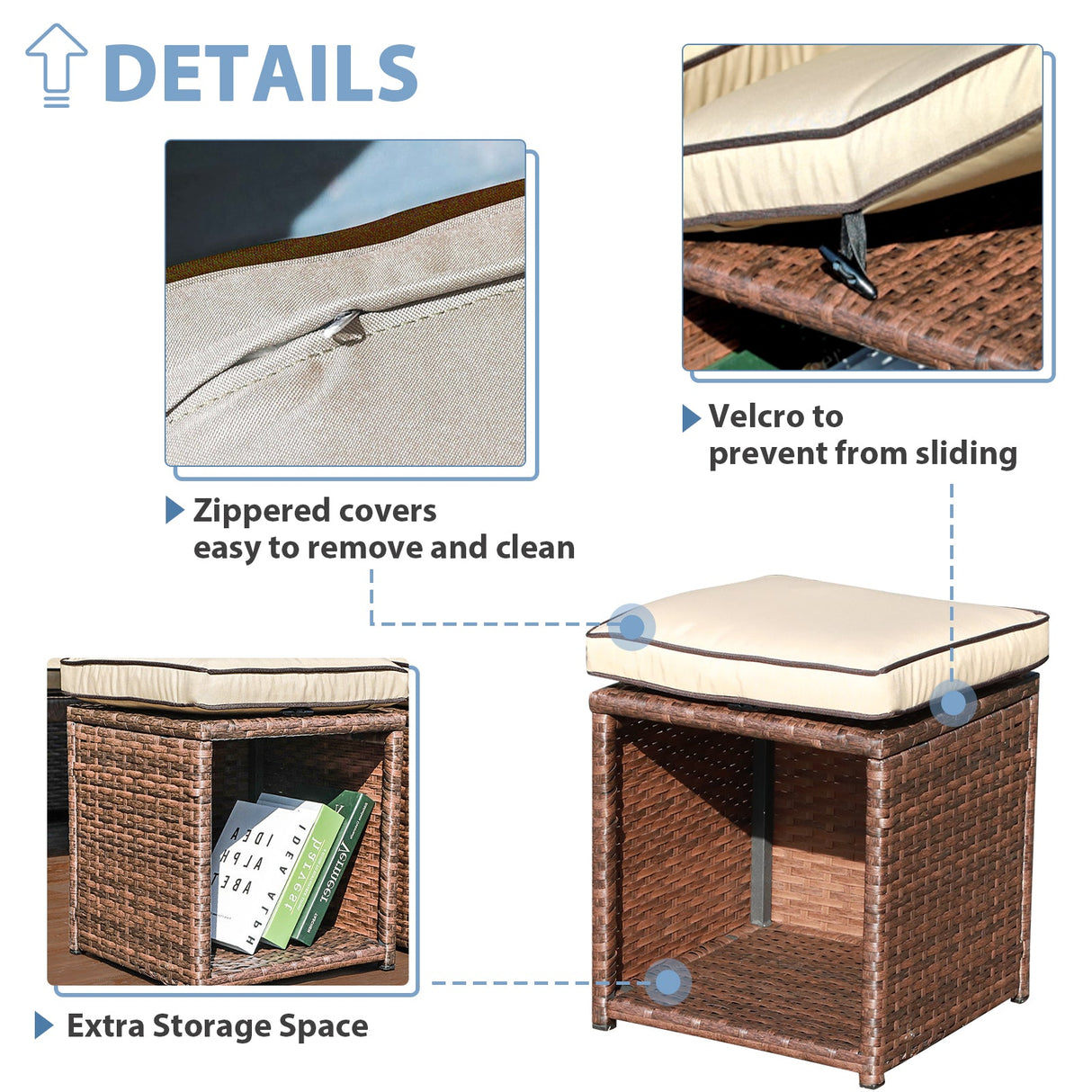 JOIVI 2 PCS Outdoor Patio Ottoman with Thick Cushions,Brown - JOIVI