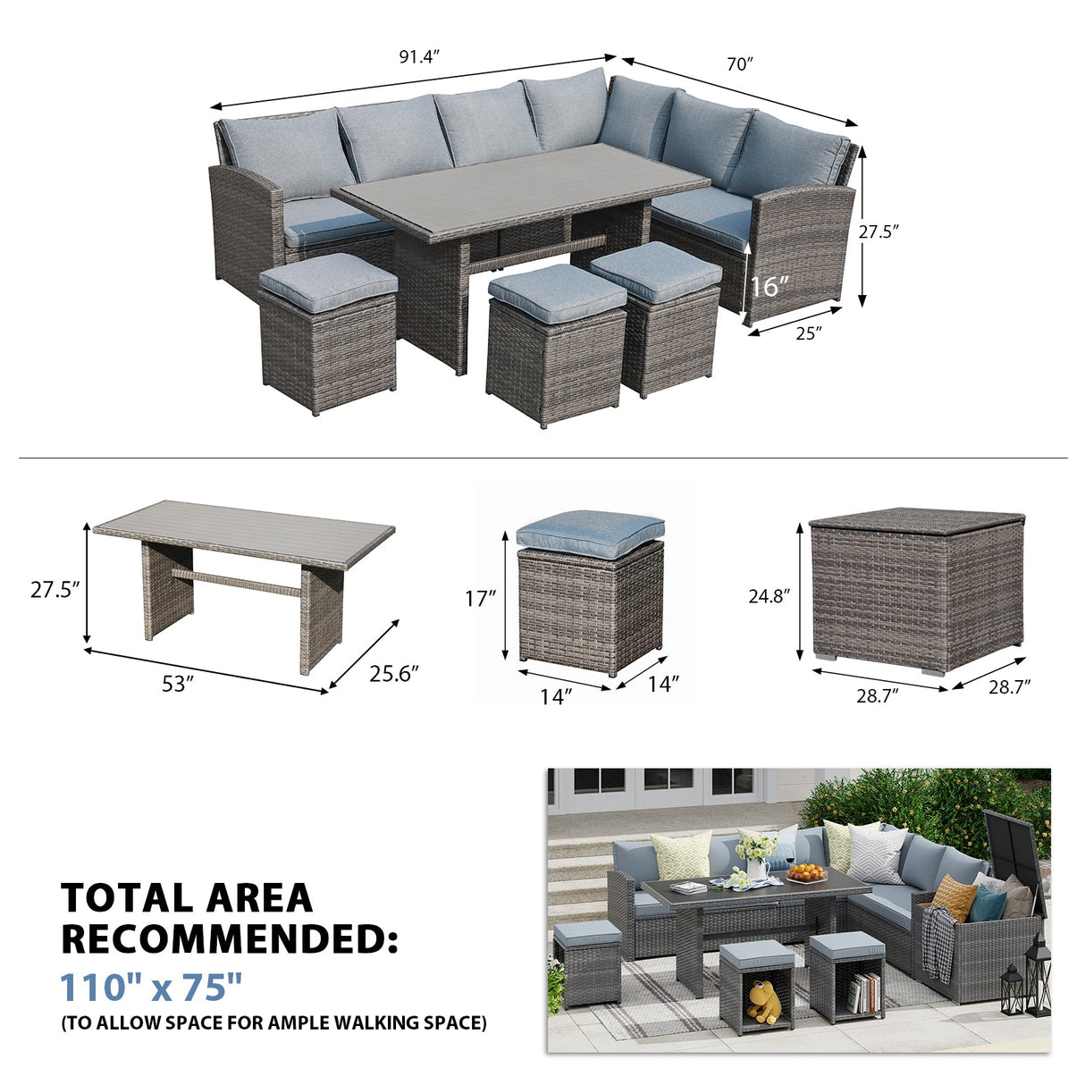 JOIVI 2 PCS Outdoor Patio Ottoman with Thick Cushions,Brown - JOIVI
