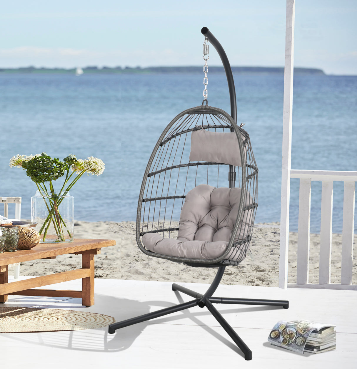 Indoor Outdoor Egg Swing Chair with Stand, Patio Wicker Rattan Hanging Chair with Rope Back, Cushion,Cover,All Weather Foldable Hammock Chair for Bedroom, Garden