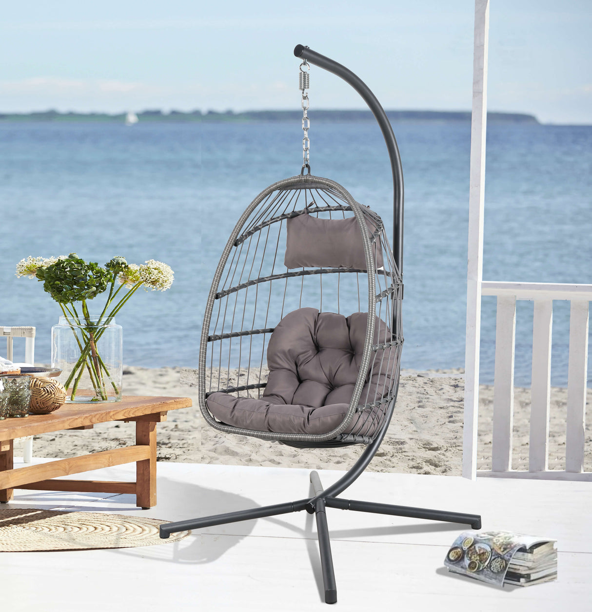 Indoor Outdoor Egg Swing Chair with Stand, Patio Wicker Rattan Hanging Chair with Rope Back, Cushion,Cover,All Weather Foldable Hammock Chair for Bedroom, Garden