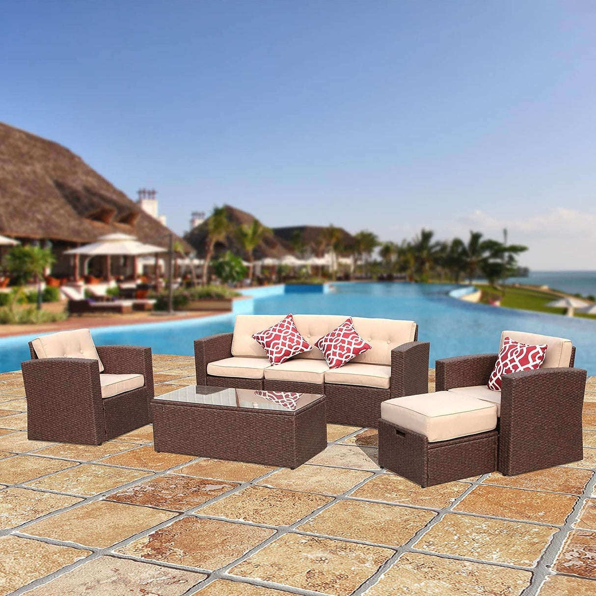 JOIVI 7 Pieces Outdoor Patio Furniture Set, Espresso Brown PE Wicker