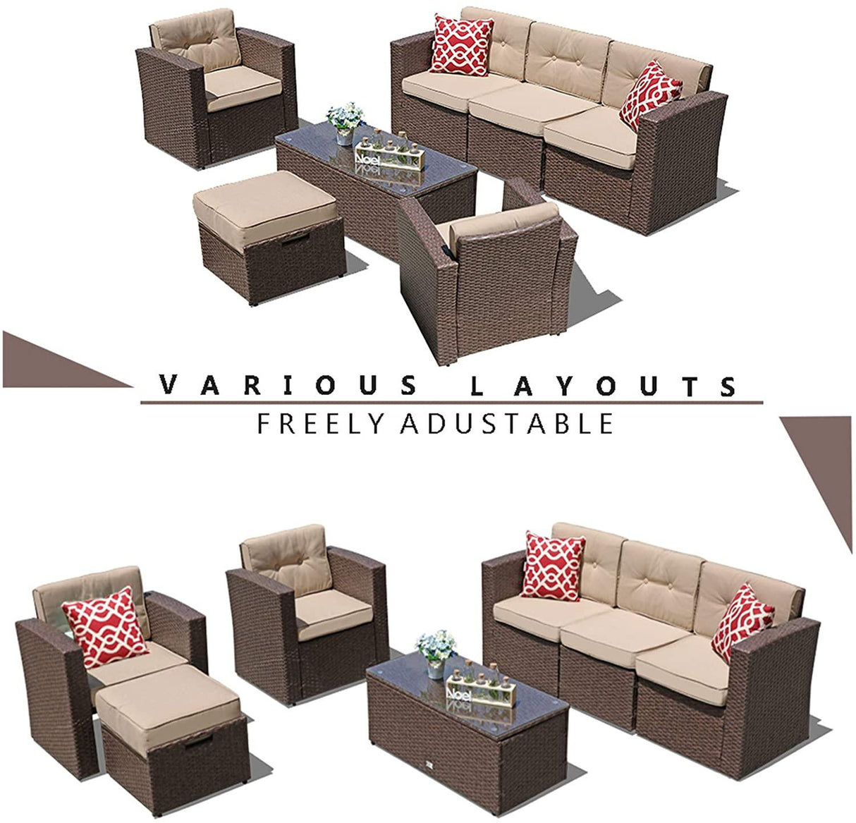 JOIVI 7 Pieces Outdoor Patio Furniture Set, Espresso Brown PE Wicker