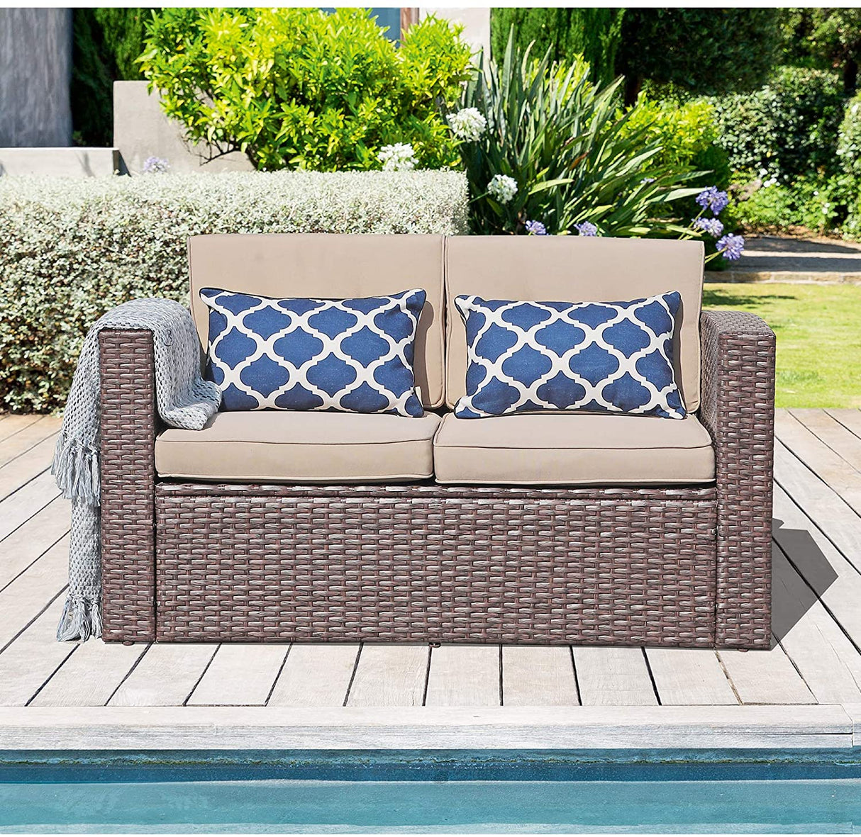 JOIVI 2 PCS Outdoor Patio Ottoman with Thick Cushions,Brown - JOIVI