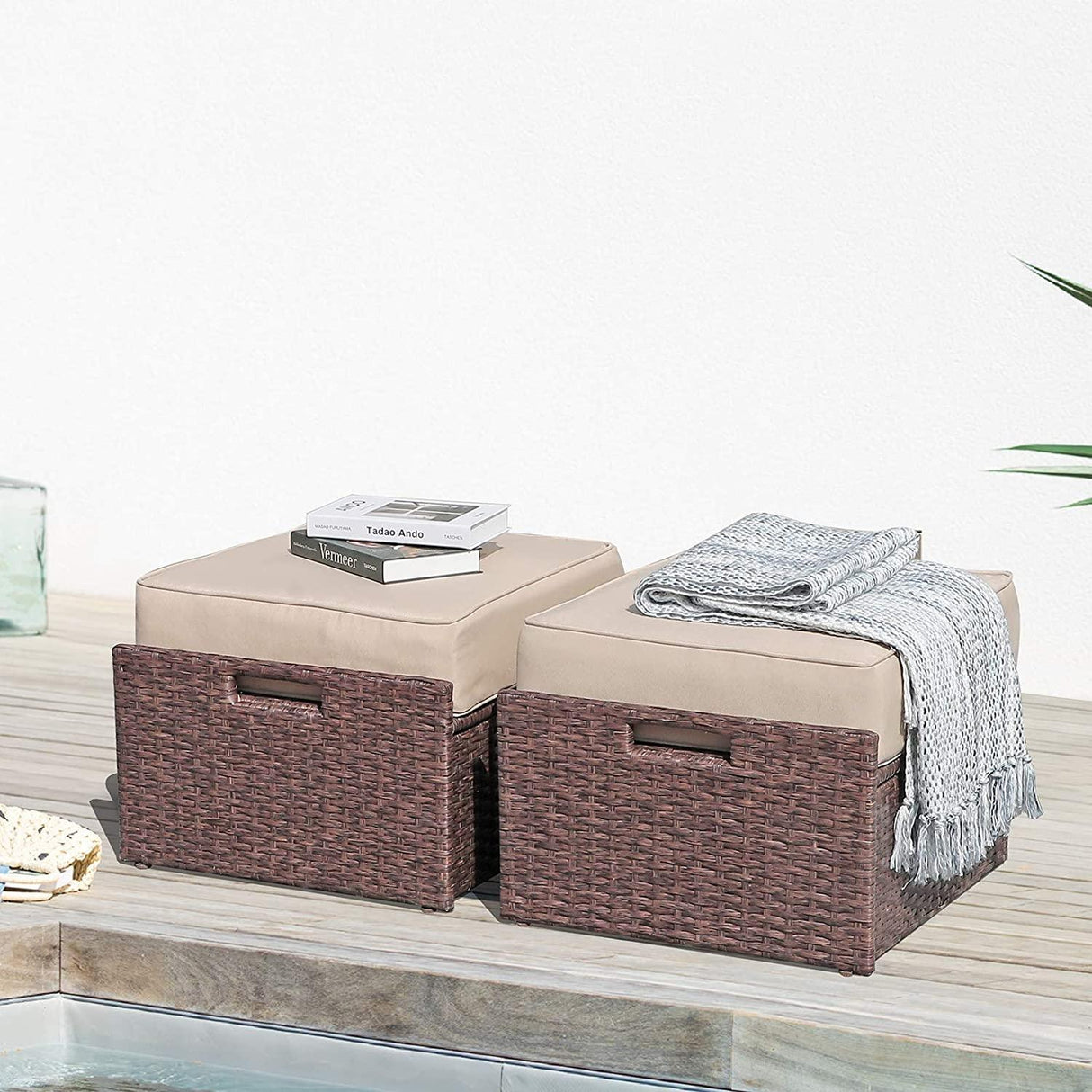 JOIVI 2 PCS Outdoor Patio Ottoman with Thick Cushions,Brown - JOIVI