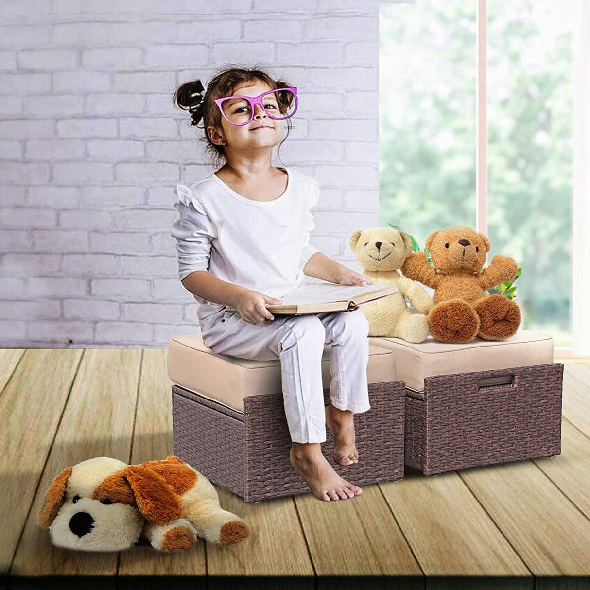 JOIVI 2 PCS Outdoor Patio Ottoman with Thick Cushions,Brown - JOIVI