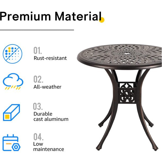 Patio Bistro Table, 31" Round Cast Aluminum Outdoor Dinning Table, Retro Side Table with Umbrella Hole, Antique Bronze