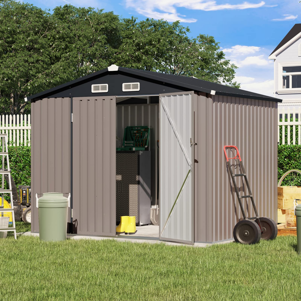 Outdoor Storage Shed, Galvanized Metal Garden Shed W/Lockable Door, Small Waterproof Storage Shed, Taupe
