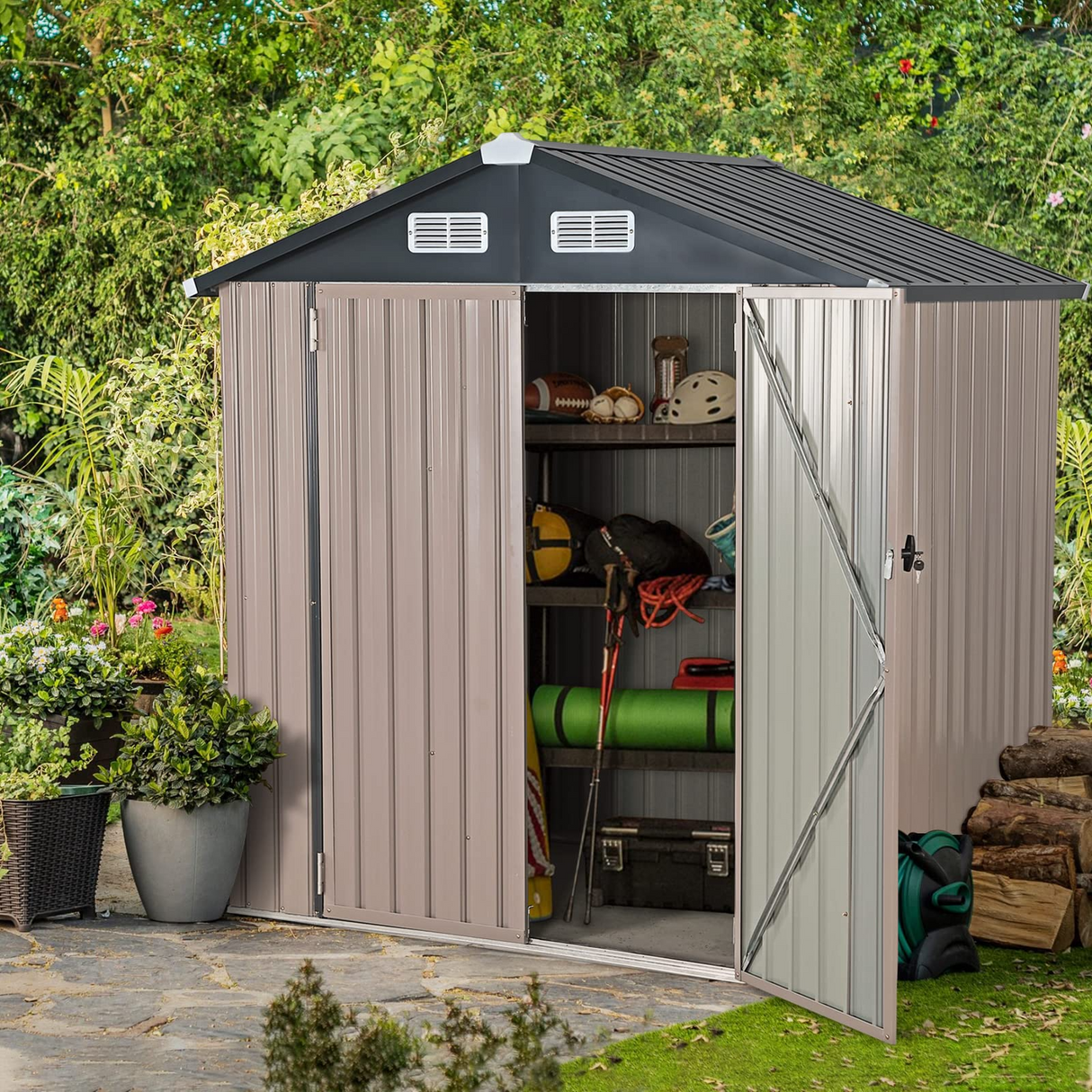 Outdoor Storage Shed, Galvanized Metal Garden Shed W/Lockable Door, Small Waterproof Storage Shed, Taupe
